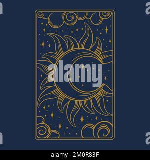 Goldene Karte mit Tarotoptik. Bohemian-Tarot-Design für oracle-Kartendeckblätter. Vektordarstellung isoliert auf blauem Hintergrund Stock Vektor