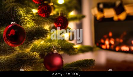 Weihnachtsbaum mit Dekorationen und Lichtern neben einem gemütlichen Kamin im Hintergrund mit Kopierbereich. Stockfoto