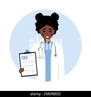 Verschreibungspflichtig. Afrikanische Ärztin in Uniform-Klemmbrett mit Rezept für die Patientin. Gesundheitsfürsorge, Behandlung und Pharmazie Konzept. Vektor Stock Vektor
