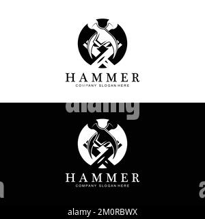 Hammer, Bauwerkzeuge und Richter Logo Vektor-Symbol, vintage Retro-Design-Illustration Stock Vektor