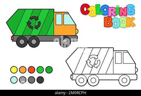 Vektordarstellung eines Müllwagens. Symbolstil mit schwarzem Umriss. Malbuch für Kinder Stock Vektor