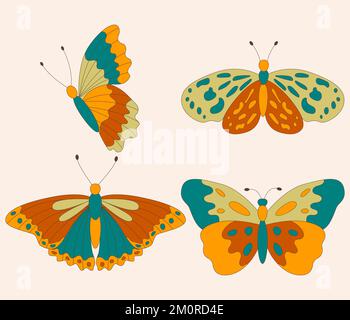 Set aus Retro 60s 70s Hippie groovigen Schmetterlingen für Karten, Aufkleber oder Poster Design. Flache Vektorgrafik Stock Vektor