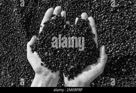 Schwarzer Sand in deinen Händen. Schwarzer Strand von Lanzarote. Schwarzweißfotos Stockfoto