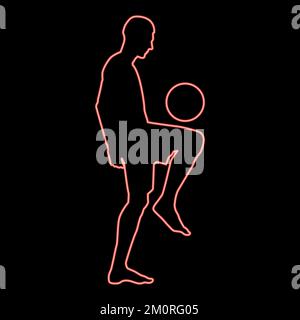 Neonfußballspieler jongliert Ball mit seinem Knie oder stopft den Ball auf seinen Fuß Silhouette Symbolrot Vektor Illustration Bild flaches Licht Stock Vektor