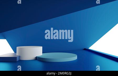 Blaues abstraktes Podium Minimaler Hintergrund Moderne leere Präsentation für Produktpräsentation und Werbedesign geometrische Szene trendige Farbe Stockfoto