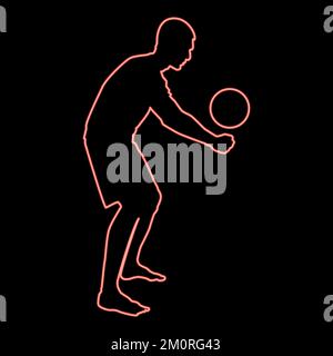 Neon-Volleyball-Spieler trifft den Ball mit einer Silhouette von unten, seitlicher Angriffskugel in Symbolrot, Vektordarstellung, flaches Licht Stock Vektor