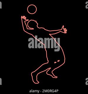 Neon-Volleyballspieler trifft den Ball mit einer Silhouette oben, seitlicher Angriffskugel in Symbolrot, Vektordarstellung, flaches Licht Stock Vektor