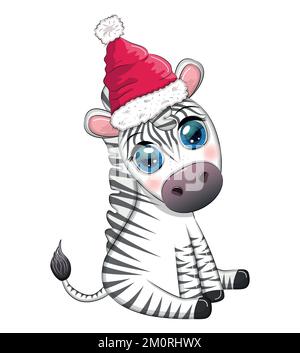 Süßes Zebra in rotem weihnachtsmannmütze mit weihnachtsball, Bonbon kane, Geschenk. Tierfreunde Zeichentrickfigur. Stock Vektor