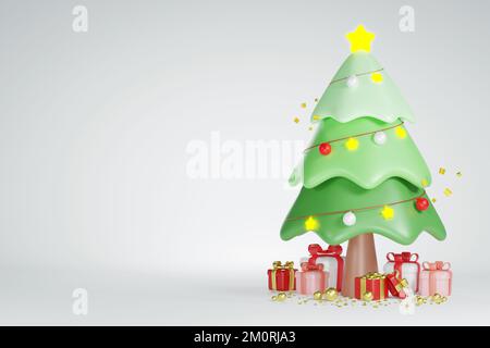 3D Illustration Frohe Weihnachten und Frohes neues Jahr. Realistische, luxuriöse Baum- und Geschenkboxen. Weihnachtsbanner, Web, Poster, Flyer, Stilvolle Broschüre, Grüß Dich Stockfoto