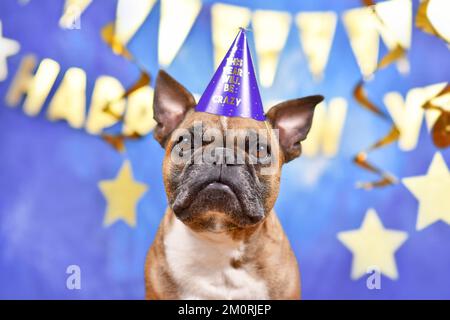 Französischer Bulldog mit Silvesterparty-Hut vor blauem Hintergrund und goldener Girlande Stockfoto