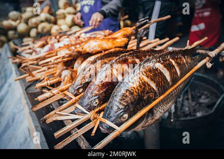 Gebratene Fischspieße-Laos Stil. Gegrillter Fisch ist auf der Theke einer Straße Shop. Street Food in Asien. Laos. Stockfoto