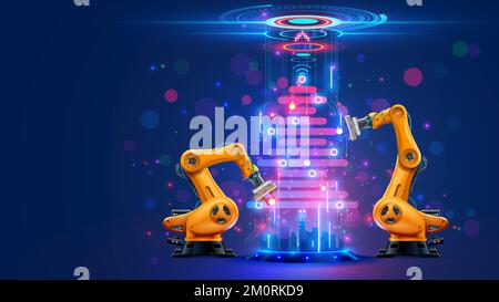Industrieroboter Dekoration weihnachtsbaum. Roboterarm an der Fabrik auf der Weihnachtskarte. Industrieroboter Manipulator Dekorationen Cyber virtu Stock Vektor