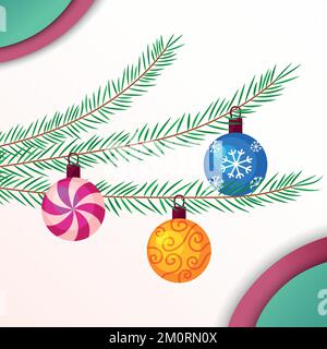 Weihnachtsbaumschmuck. Farbenfrohe Kugeln auf Tannenzweigen. Abbildung eines flachen Vektors. Elemente für Weihnachtsdesigns, Grußkarten. Stock Vektor