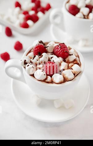 Zwei Tassen heiße Schokolade mit Miniatur-Marshmallows, frischen Himbeeren und Schokolade Stockfoto