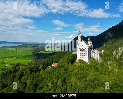 Schloss Neuschwanstein, Deutschland, Dröhnensicht aus der Vogelperspektive Stockfoto