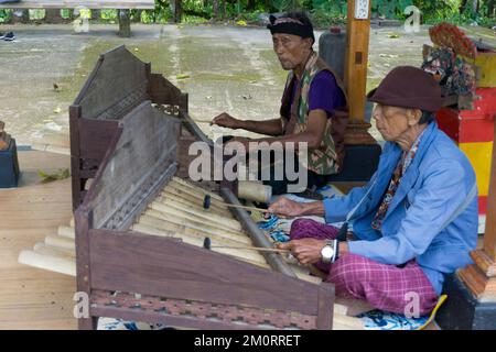 Ein alter Asiate, der ein balinesisches Musikinstrument spielt Stockfoto