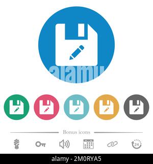 Benennen Sie flache weiße Symbole auf rundem farbigen Hintergrund um. 6 Bonussymbole enthalten. Stock Vektor