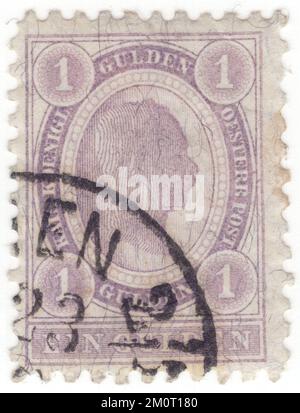 ÖSTERREICH — 1896: Eine 1 g gulden-Briefmarke mit feiner Fettschicht, die ein geprägtes Porträt des jungen österreichischen Monarchen-Kaisers Franz Josef darstellt. Franz Joseph I oder Franz Joseph I war Kaiser von Österreich, König von Ungarn und die anderen Staaten der Habsburger Monarchie vom 2. Dezember 1848 bis zu seinem Tod am 21. November 1916. Zu Beginn seiner Herrschaft wurden seine Reiche und Gebiete als österreichisches Reich bezeichnet, aber 1867 als zweifache Monarchie des österreichisch-ungarischen Reiches wiederaufgebaut. Vom 1. Mai 1850 bis zum 24. August 1866 war Franz Joseph auch Präsident des Deutschen Bundes Stockfoto