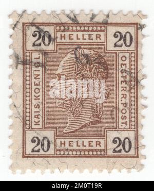 ÖSTERREICH — 1899: Eine braune Briefmarke von 20 heller, die ein geprägtes Porträt des jungen österreichischen Monarchen-Kaisers Franz Josef darstellt. Franz Joseph I oder Franz Joseph I war Kaiser von Österreich, König von Ungarn und die anderen Staaten der Habsburger Monarchie vom 2. Dezember 1848 bis zu seinem Tod am 21. November 1916. Zu Beginn seiner Herrschaft wurden seine Reiche und Gebiete als österreichisches Reich bezeichnet, aber 1867 als zweifache Monarchie des österreichisch-ungarischen Reiches wiederaufgebaut. Vom 1. Mai 1850 bis zum 24. August 1866 war Franz Joseph auch Präsident des Deutschen Bundes Stockfoto