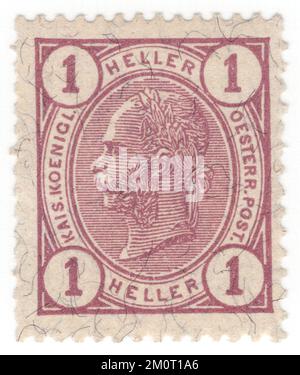 ÖSTERREICH — 1905: Eine fliederfarbene Briefmarke von 1 heller, die ein geprägtes Porträt des jungen österreichischen Monarchen-Kaisers Franz Josef darstellt. Franz Joseph I oder Franz Joseph I war Kaiser von Österreich, König von Ungarn und die anderen Staaten der Habsburger Monarchie vom 2. Dezember 1848 bis zu seinem Tod am 21. November 1916. Zu Beginn seiner Herrschaft wurden seine Reiche und Gebiete als österreichisches Reich bezeichnet, aber 1867 als zweifache Monarchie des österreichisch-ungarischen Reiches wiederaufgebaut. Vom 1. Mai 1850 bis zum 24. August 1866 war Franz Joseph auch Präsident des Deutschen Bundes Stockfoto