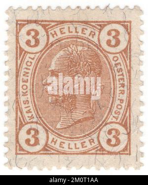 ÖSTERREICH — 1905: Ein 3 heller-bisterbrauner Briefmarken mit einem geprägten Porträt des jungen österreichischen Monarchkaisers Franz Josef. Franz Joseph I oder Franz Joseph I war Kaiser von Österreich, König von Ungarn und die anderen Staaten der Habsburger Monarchie vom 2. Dezember 1848 bis zu seinem Tod am 21. November 1916. Zu Beginn seiner Herrschaft wurden seine Reiche und Gebiete als österreichisches Reich bezeichnet, aber 1867 als zweifache Monarchie des österreichisch-ungarischen Reiches wiederaufgebaut. Vom 1. Mai 1850 bis zum 24. August 1866 war Franz Joseph auch Präsident des Deutschen Bundes Stockfoto