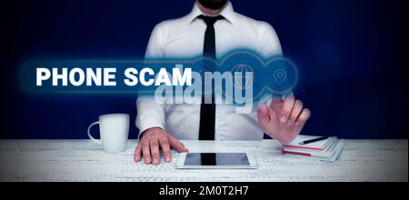 Inspiration zeigt Schild Phone Scam. Konzeptfoto unerwünschte Anrufe erhalten, um Produkte oder Service Telesales zu bewerben Stockfoto