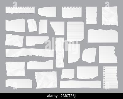 Weißes zerrissenes Papier, Risse, Blattränder und Seitenreste, Vektornotizbuchstücke. Weißes, zerrissenes Papier und leere Seiten, quadratische Notizzettel oder Notizblöcke und Sammelalbum-Schredder Stock Vektor