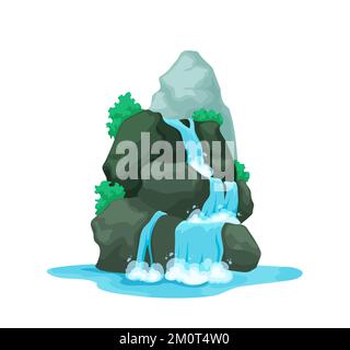 Cartoon-Wasserfall und Wasserkaskade, Naturlandschaft des Bergflusses. Isolierte Vektor-Wasserfälle auf tropischen Inselfelsen oder Waldsee mit fallendem Wasser, Game GUI Stock Vektor