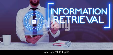 Handgeschriebene Informationsbeschaffung von Schildern. Geschäftsübersicht Ein Ort, an dem Daten gespeichert und abrufbar sind Stockfoto