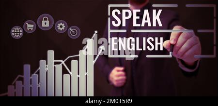 Die konzeptionelle Darstellung spricht Englisch. Business Concept Study eine weitere Fremdsprache Online verbale Kurse Stockfoto