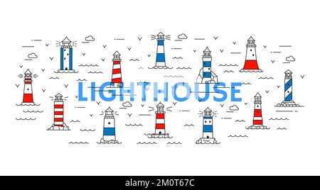 Seeleuchten und Baken in Reihe. Seereise, sichere Navigation Umriss Vektorhintergrund, Marine- und nautische Symbole oder Piktogramme mit Meereswellen und Leuchtturm auf Felsen Stock Vektor