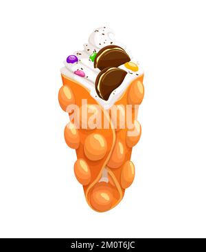 Cartoon-Hong Kong-Seifenwaffel. Isoliertes Vektoreis mit bunten Streuseln und Schokoladenkeks. Köstliches Eis in knusprigen Pickel-Waffel-Tassen, süßes Essen, leckeres Street Food-Dessert Stock Vektor