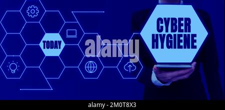 Schreiben Anzeigetext Cyber Hygiene. Unternehmensüberblick Schritte, die Computerbenutzer Unternehmen, um ihre Cyber-Sicherheit zu verbessern Stockfoto