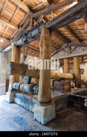 Frankreich, Gard, Beaucaire, Mas des Tourelles, rekonstruierte römische Presse Stockfoto