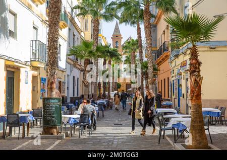 Spanien, Andalusien, Cadiz, La VI, ein Viertel, Frauen, die in einer Fußgängerzone mit Restaurantterrassen und Palmen spazieren gehen Stockfoto