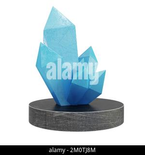 Blauer Kristall auf Grunge Ständer isoliert auf weißem Hintergrund. 3D-Rendering Stockfoto