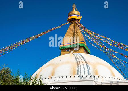 Nepal, Kathmandu-Tal, das von der UNESCO zum Weltkulturerbe erklärt wurde, Bodhnath, buddhistische Stupa und Gebetsflaggen Stockfoto