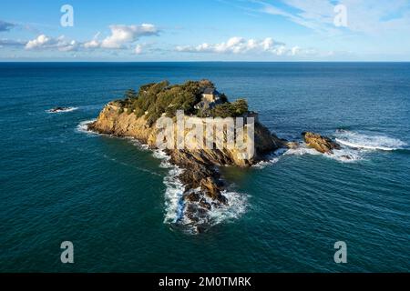 Frankreich, Ille-et-Vilaine (35), C?te d'Emeraude, Umgebung von Cancale, Saint-Coulomb, Anse du Guesclin und Fort du Guesclin, erbaut auf einer Insel, Guesclin Island, wo L'o Ferr? Wohnhaft (Luftaufnahme) Stockfoto