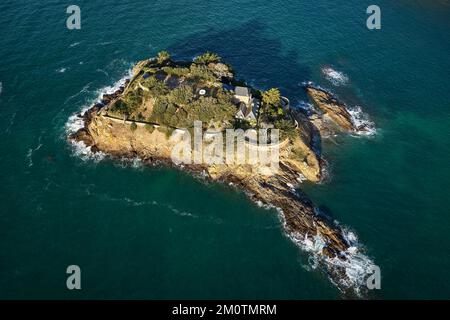 Frankreich, Ille-et-Vilaine (35), C?te d'Emeraude, Umgebung von Cancale, Saint-Coulomb, Anse du Guesclin und Fort du Guesclin, erbaut auf einer Insel, Guesclin Island, wo L'o Ferr? Wohnhaft (Luftaufnahme) Stockfoto