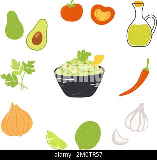 Zutaten für Guacamole im flachen Cartoon-Stil. Handgezeichnete Vektordarstellung mexikanischer traditioneller Speisen mit Gemüse und Obst. Stock Vektor