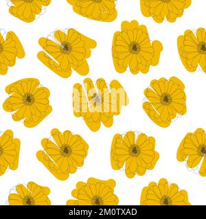 Schwarze Linie handgezeichnete Blumen Vektor auf gelbem Kritzel isoliertes nahtloses Muster Stock Vektor