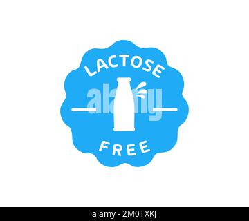 Lactose-freies Etikett oder Aufkleber, Lactase-Mangel-Zeichen, Zeichen, Logo-Design. Gesundes natürliches Bio-Produkt. Warnsymbol für Inhaltsstoffe. Symbol „Allergenfrei“ Stock Vektor