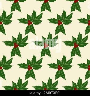 Holly Blätter und Beeren. Nahtloses Weihnachtsvektor-Muster Stock Vektor