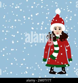 Wintersaison Vektor-Cartoon-Illustration. Süßes, lockiges Mädchen in Weihnachtskleidung. Frohe Weihnachten und die Inschrift "Frohes neues Jahr". Stock Vektor