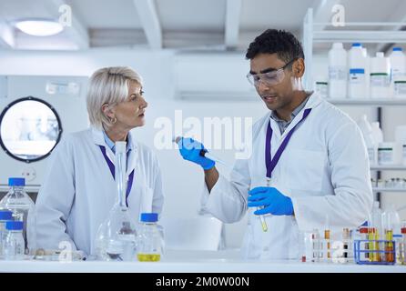 Haben Sie die richtige Konzentration? Zwei Kollegen, die in einem Labor zusammenarbeiten. Stockfoto