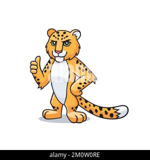 Leopardenfigur zeigt Daumen hoch, danke. Vektor-Cartoon-Comic-Doodle-Illustration, Maskottchen, Charakter Stock Vektor