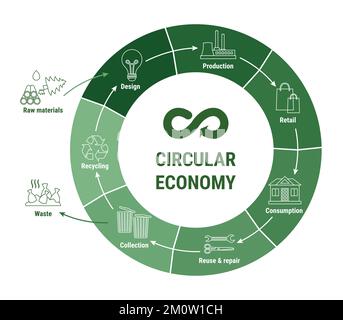 Infografik zur Kreislaufwirtschaft auf grünem Diagramm. Nachhaltiges Geschäftsmodell. Schema des Produktlebenszyklus vom Rohstoff bis zur Produktion, zum Verbrauch Stock Vektor