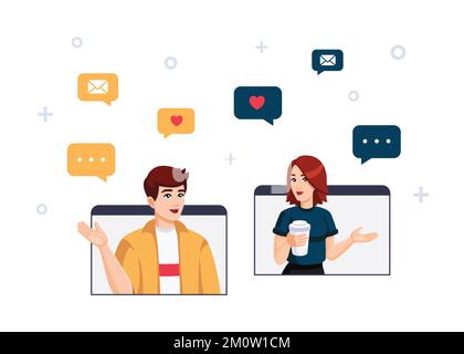 Vektorabbildung über soziale Netzwerke, Videokonferenzen, Chats, Online-Dating, Online-Kommunikation. Mädchen und Junge reden miteinander Stock Vektor
