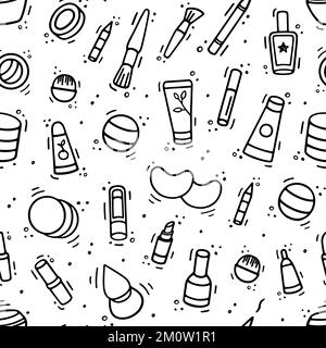 Kosmetik-Sammlung Nahtloses Muster. Comic-Doodle-Skizzenstil. Handgezeichnete Vektordarstellung von Kosmetika Stock Vektor