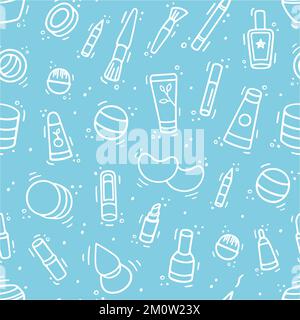 Kosmetik-Sammlung Nahtloses Muster. Comic-Doodle-Skizzenstil. Handgezeichnete Vektordarstellung von Kosmetika Stock Vektor
